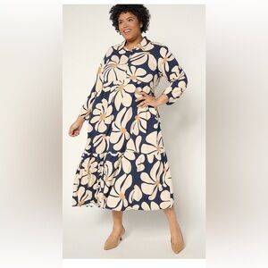 QVC Studio Park X Amy Stran Navy Floral Tiered Midi Shirtdress, XL, 16/18 NEW